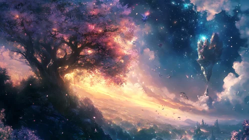 Celestial twilight tree overlooking luminous fantasy skyline.