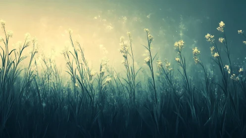 Golden meadow grasses glow softly in misty teal light