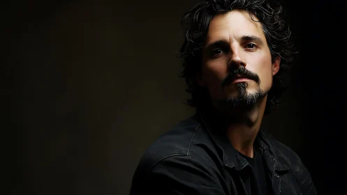 Low key studio portrait of contemplative man with goatee and curls.