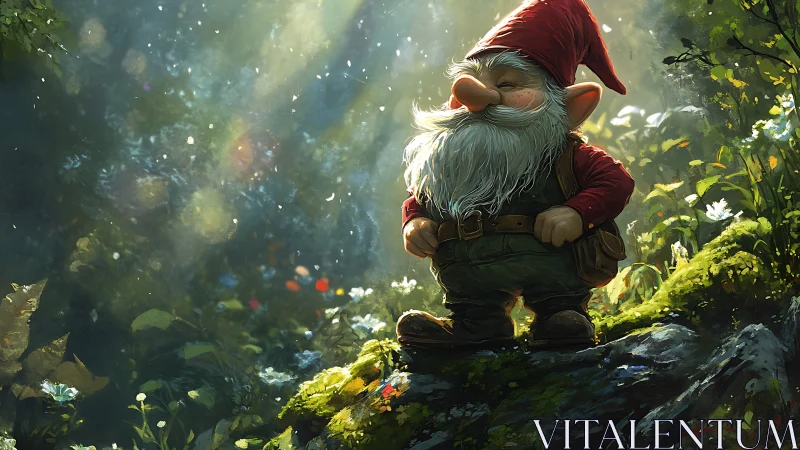 Forest gnome stands on mossy rock in dappled sunlight