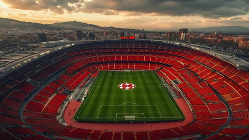 Sunset crowns a crimson football coliseum above the city.