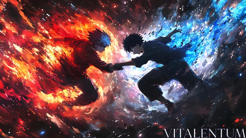 Elemental rivals clash in a fiery and icy cosmic duel.