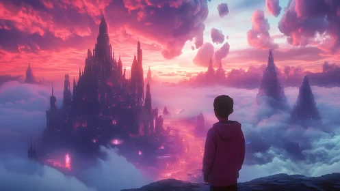 Backlit child observes neon-lit floating citadel in volumetric clouds