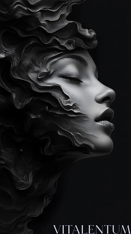 Dreamlike sculpted profile drifts in flowing monochrome silence