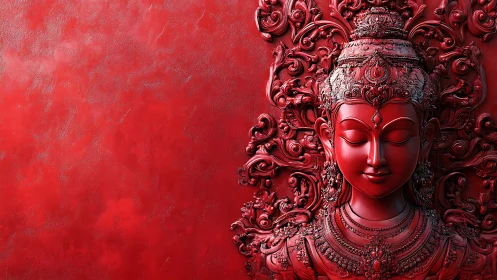 Crimson serenity goddess relief carved in ornate stillness.