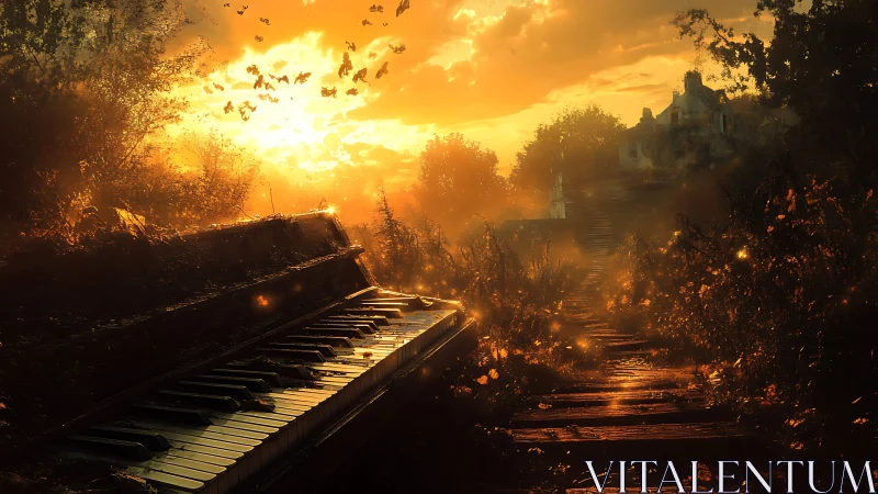 Abandoned piano glowing under fiery sunset on forest path.