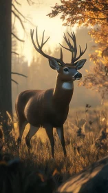 Majestic stag stands in golden forest light at autumn dusk