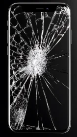 Photorealistic smartphone with radially fractured glass surface.