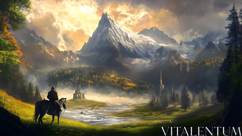 Rider observes distant valley settlement below snowy peaks