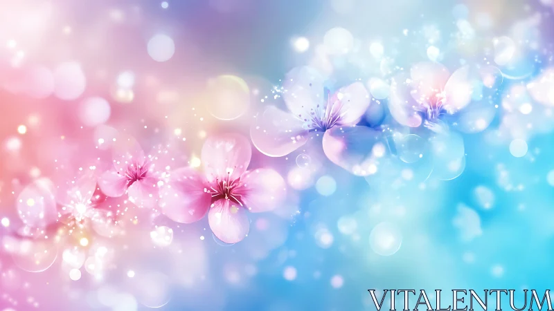 Blossoms in Ethereal Light: Pink and Blue Bokeh Garden.
