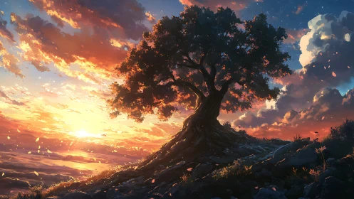 Backlit hilltop tree rendered against stratified sunset cloud layers