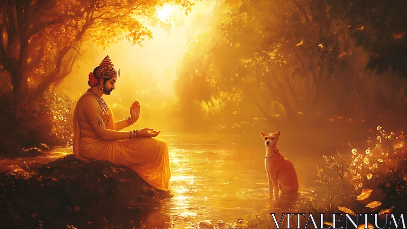 Divine sage and dog rendered in radiant golden river light
