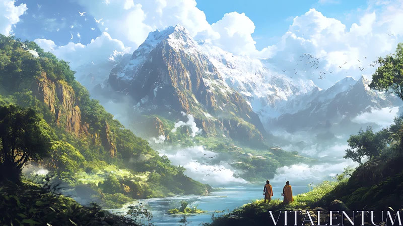 Majestic snow peaks above emerald valley and river travelers.