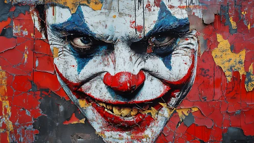 Cracked clown graffiti portrait with distressed red paint texture