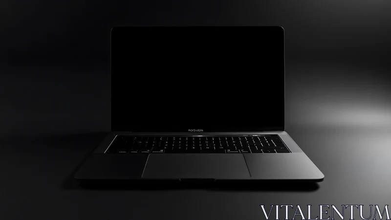 Sleek black laptop centered on dark reflective surface.