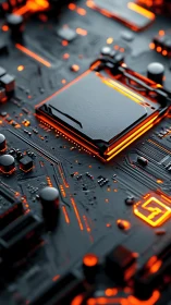 Cyberpunk motherboard close-up with luminous circuit layering.