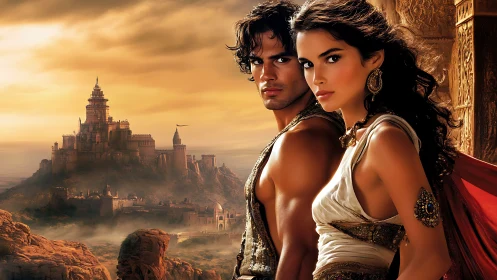 Two figures stand before fortified desert city at sunset