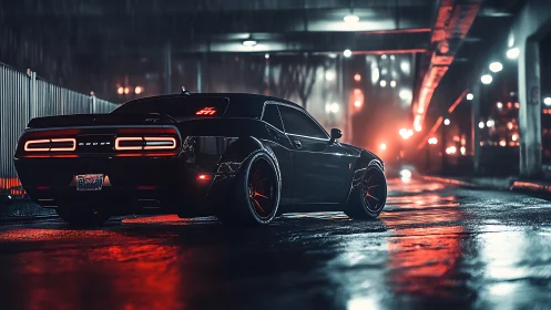 Widebody muscle car in neon-lit rainy urban underpass at night