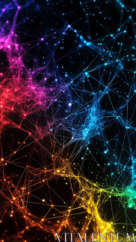 Neon neural web over black space with glowing color nodes.