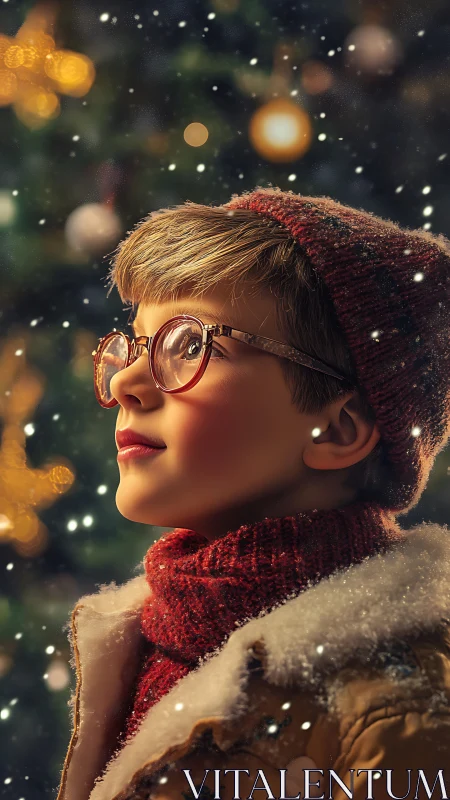 Snowlit daydreamer in crimson wool beneath twinkling bokeh.