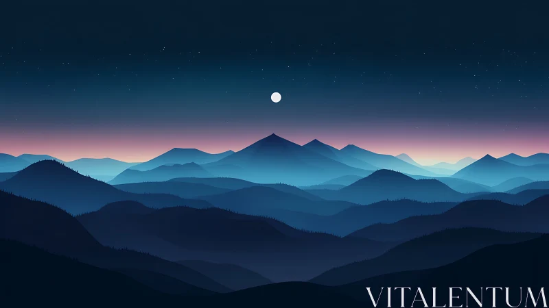Moonlit layered mountains under gradient twilight sky