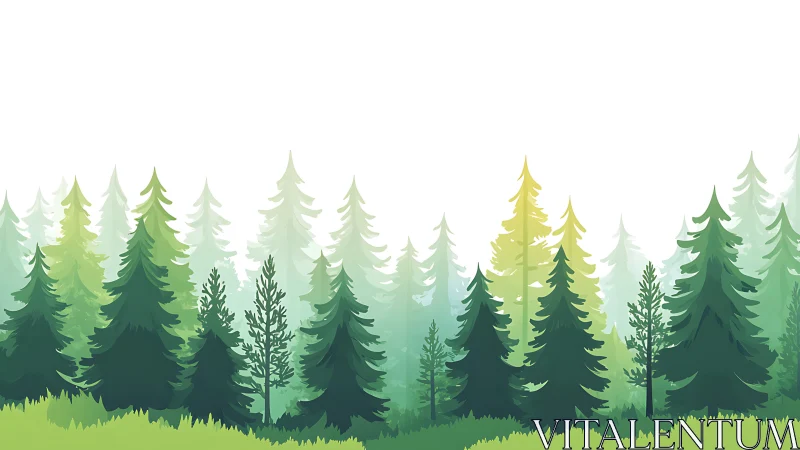 Lush Evergreen Forest Landscape in Flat Vector Art Style.