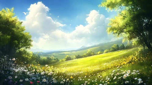 Sunlit meadow landscape with trees, wildflowers, and clouds.