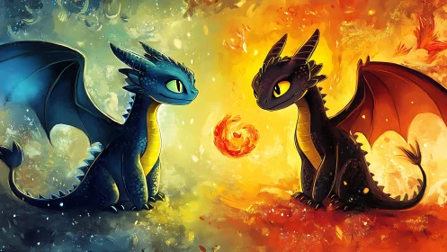 Cute elemental baby dragons face glowing fire core