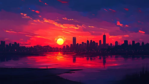 City skyline glowing beneath a radiant neon sunset.