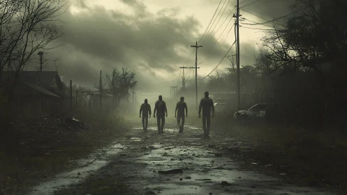 Four shadows march down a drowned road of ruined dawn.