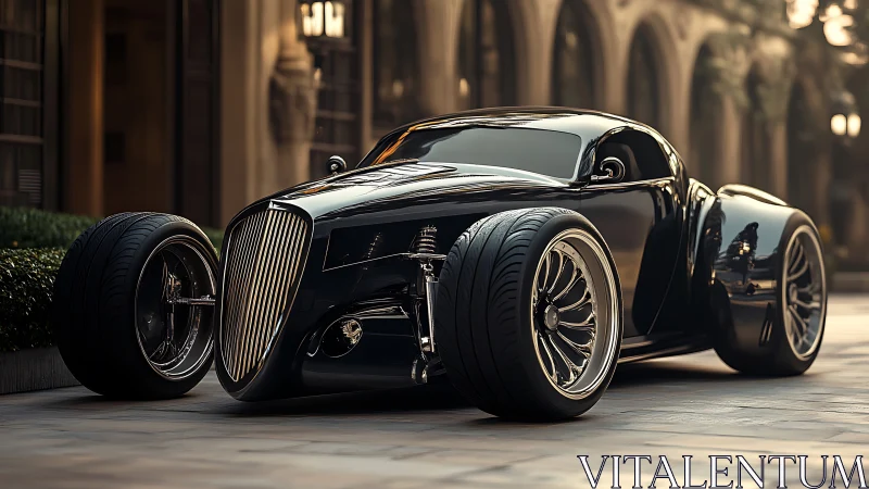 Sleek black hot rod supercar on elegant city promenade.