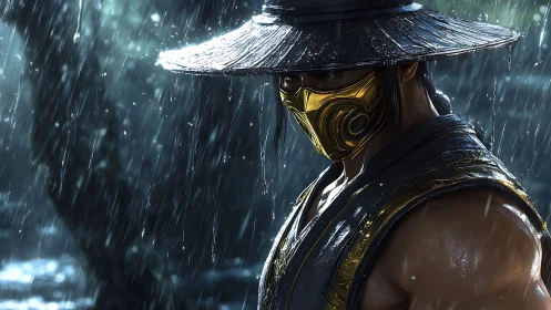 Storm-soaked masked warrior stands calm beneath the rain
