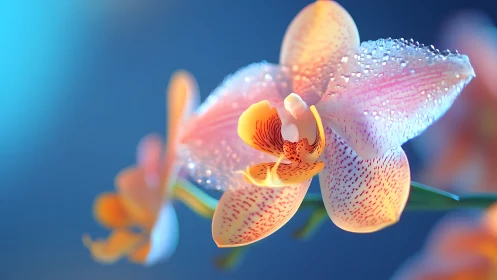 Orchid Blooms with Dewdrops Against Blue Background.