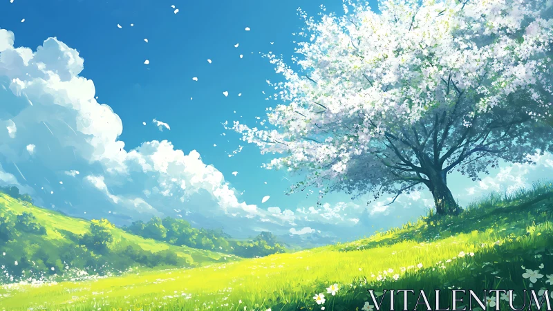 High-saturation digital landscape depicts flowering tree on sloped meadow