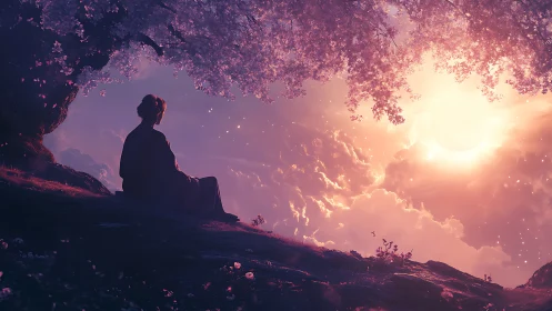 Solitary figure observes ethereal sunset under blooming canopy