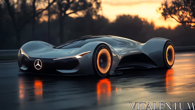 Sunset glide with a futuristic silver concept roadster.