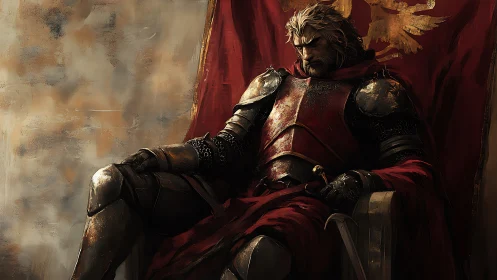 Armored monarch in red standard throne composition study.