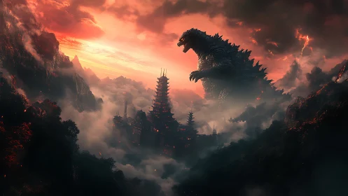 Giant reptilian figure above misty temple city at sunset.