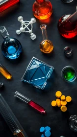 Photorealistic lab glassware grid with colored chemical gradients.