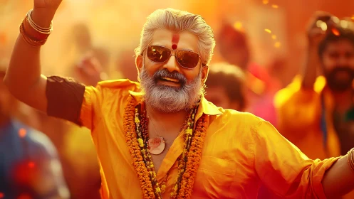 Sunlit elder dances through saffron-soaked festival joy.