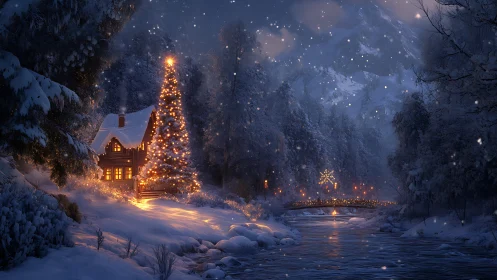 Snow-covered riverside cabin displays illuminated winter tree