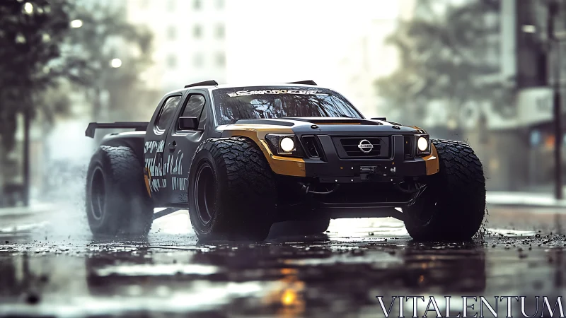 Powerful custom off-road truck rumbles through wet city streets
