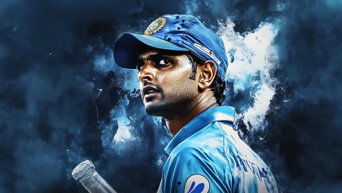 Cricket player portrait in blue uniform and cap under lights.