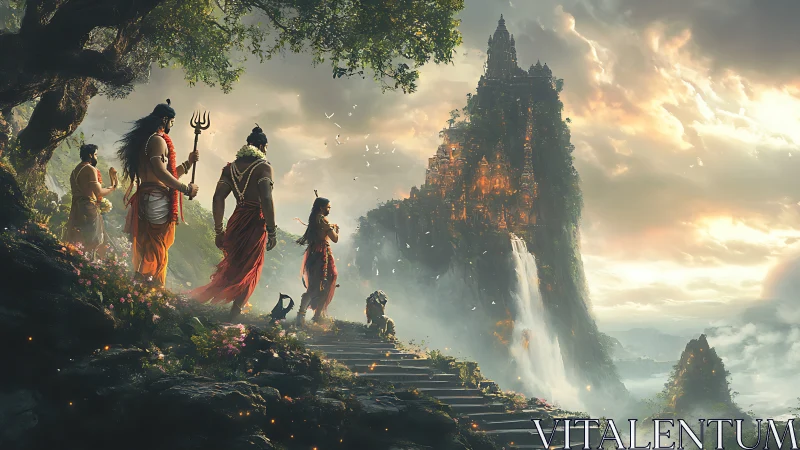 Mythic warriors ascending misty temple waterfall trail.