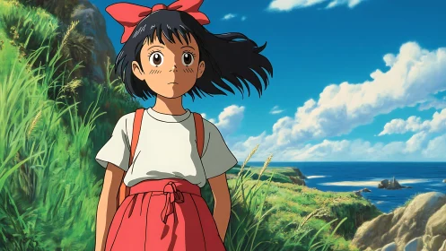 Anime coastal character study with cinematic scenic depth.