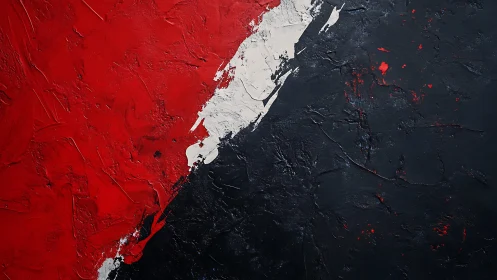 Bold abstract painting with red, black, and white textured palette.