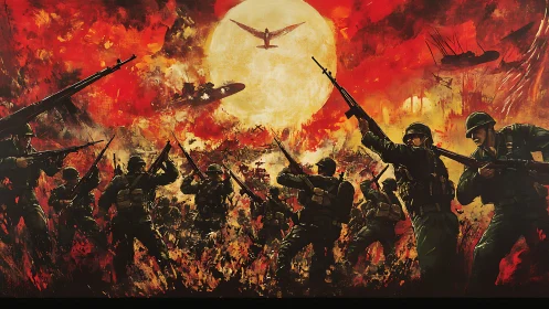 Infantry charge in fiery battlefield under full moon