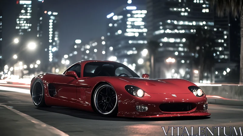 Red sports coupe parked on night city boulevard.