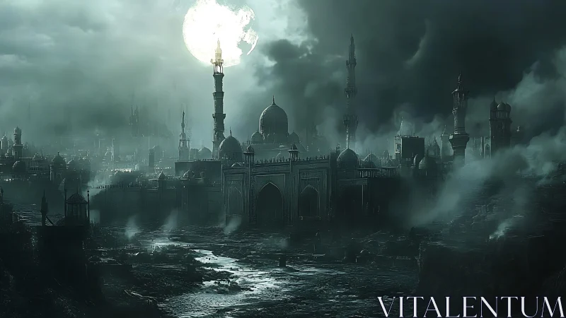 Moonlit ruin city wrapped in smoky emerald shadows.