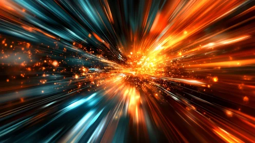 Dynamic cosmic explosion with streaking blue and orange light effects.